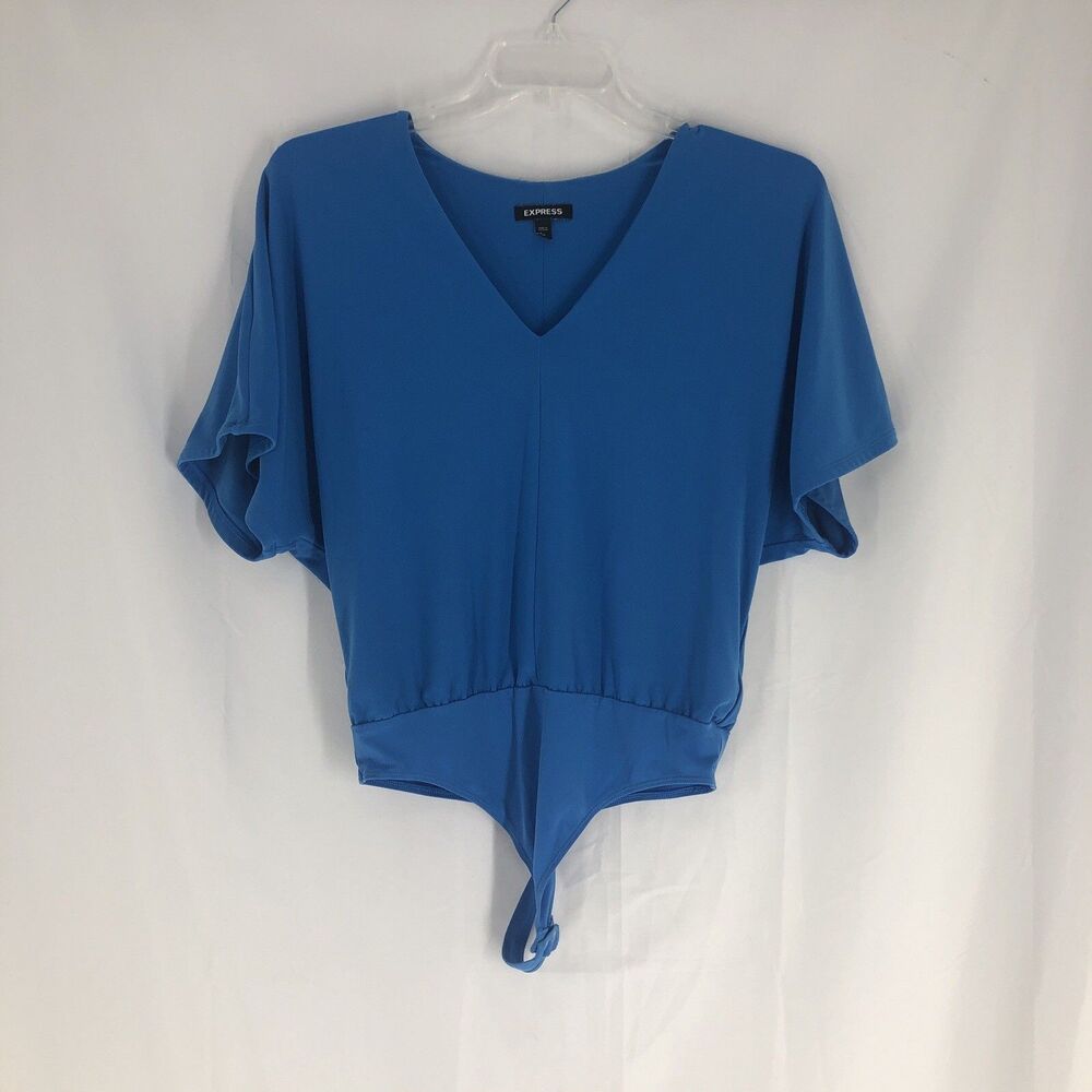 Express Women's Blue Solid V-Neck Short Sleeve One-Piece Bodysuit Size Medium